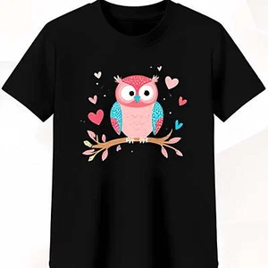 Whimsical Black T-Shirt with Cute Pink & Blue Owl Pink Leaves & Hearts - Picture 1 of 5