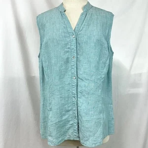CHEROKEE Vintage 90s Green 100% Linen V Neck Button Tank Top Women's L Coastal - Picture 1 of 6