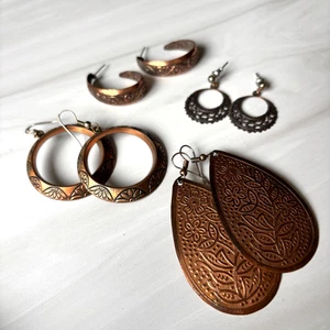 Copper Tone Earring Lot Mixed Styles Boho Ornate Dangle 4 Pairs Post Hoop - Picture 1 of 10