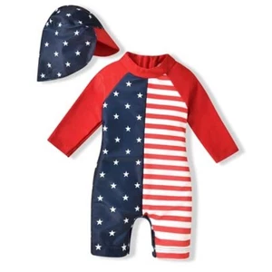 Baby Girls Long Sleeve One Piece Bathing Suit with Hat 3-6 Months American Flag - Picture 1 of 7