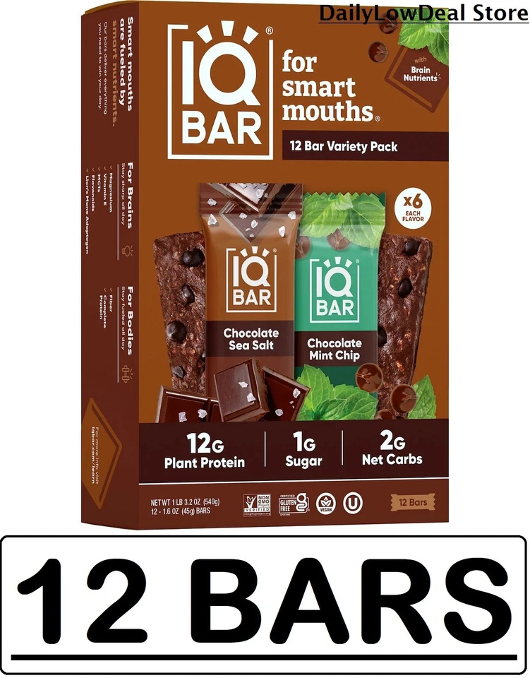 Barra de proteína IQBAR pacote de variedade chocolate sal marinho e chocolate mint chip 12 barras - Imagem 1 de 1