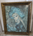 Vintage Maio Big Eye Girl Wearing A Blue Hat Mcm Framed Art Print 25" X 11"