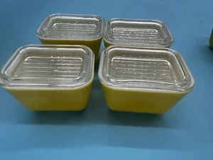 Vintage Pyrex gelb/oliv Kühlschrank Geschirr 501B 1-1/2 Tasse mit Deckel 4er Set - Bild 1 von 9