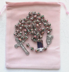 GENUINE CLOISONNE ROSARY Pink Enamel 8mm Beads - Picture 1 of 10