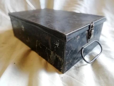 SMALL ANTIQUE METAL  DEED BOX / SAFETY DEPOSIT BOX Cover