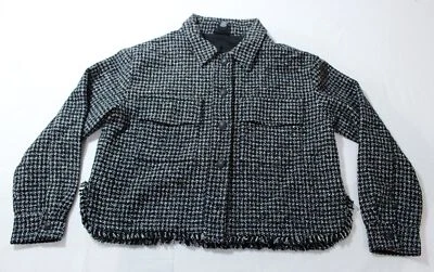 Nicole Miller Womens Houndstooth Fringe Hem Tweed Jacket EJ2 Black/White Medium  - Image 1 of 3