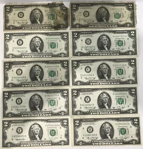 1976 & 1995 Two Dollars Federal Reserve Notes 10 Bills {Circulated} Lot#1 - Bild 1 von 2