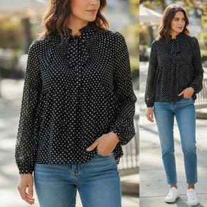 Blusa Lauren Ralph Lauren Lunares Plisada Cuello Simulado Cuello Atado Manga Larga L - Imagen 1 de 8