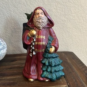 Vintage Santa Figurine with Tree & Bells – Hooded Red Robe Holiday Decor 12" - Picture 1 of 12