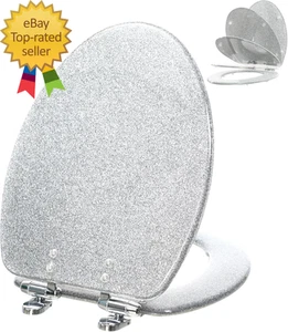 Toilet Seat Resin Elongated Silver Glitter Slow Quiet-Close Heavy Duty Decorativ - Picture 1 of 1
