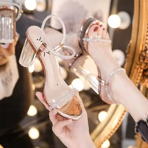 Sandalias francesas de tacón alto de cristal transparente con tiras de tacón grueso para mujer - Imagen 1 de 7