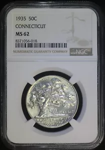1935 50c Connecticut Commemorative Silver Half Dollar NGC MS62 BU Coin - Picture 1 of 2
