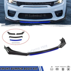 4PCS Front Bumper Lip Splitter Protect Carbon Fiber Black w/Blue Spoiler For Kia - Picture 1 of 12