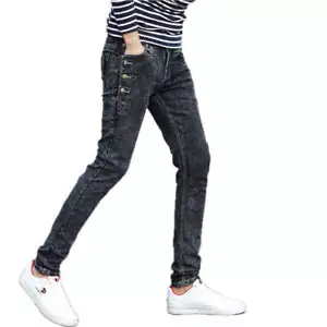 Men's Slim Fit Jeans Stretch Denim Pencil Pants Mid Waist Trousers with Zipper P - Picture 1 of 91
