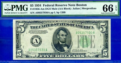 1934 $5 Federal Reserve Note Boston PMG 66EPQ 2nd highest graded Fr 1956-Am - Image 1 of 3