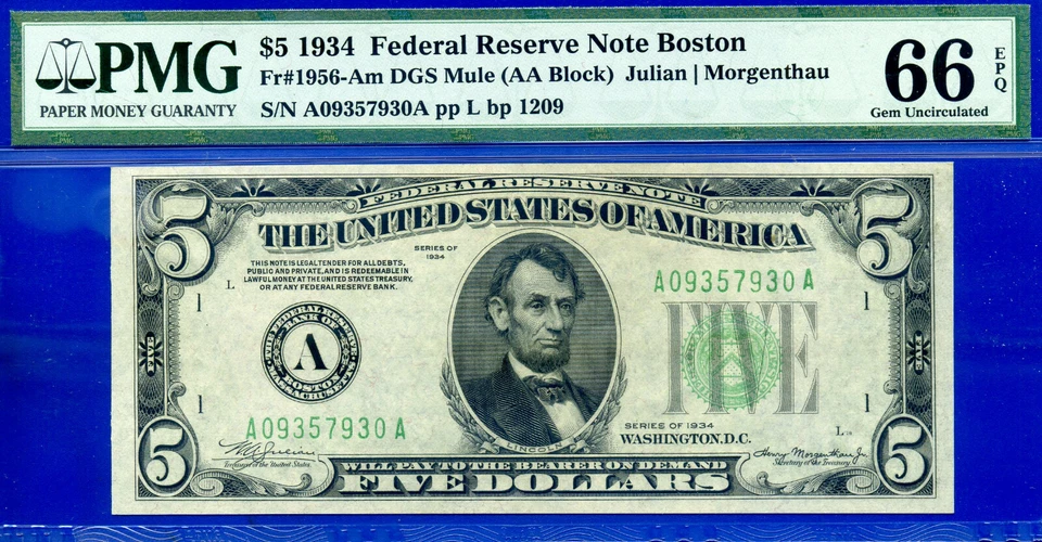1934 $5 Federal Reserve Note Boston PMG 66EPQ 2nd highest graded Fr 1956-Am - Image 1 of 3