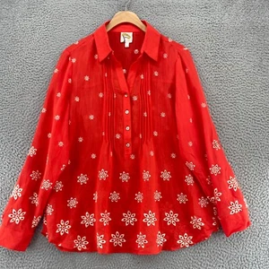 Fig & Flower Top Womens Large Red Eyelet Lace Floral Embroidered 1/2 Button Up - Picture 1 of 12