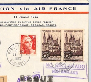 FRANCE Air Mail 1953 Cover Paris FIRST FLIGHT VENEZUELA Caracas AIR FRANCE XZ249 - Picture 1 of 12