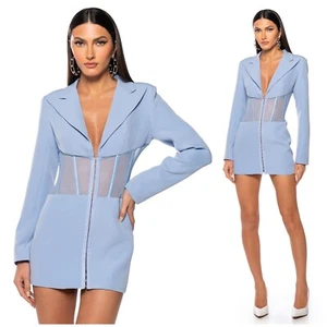 Akira Light Blue Skies Corset Sheer Panels Blazer Mini Dress Plunge Neck Size XL - Bild 1 von 6
