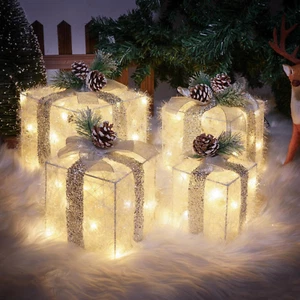 Set of 4 Christmas Lighted Gift Boxes, Pre-Lit Lights Gift Boxes, Light up Prese - Picture 1 of 7