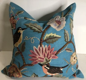 Arhaus 18x18 chemisch gereinigter Leinenbezug & gewaschener Dauneneinsatz Crewel Vogel & Blumen - Bild 1 von 14