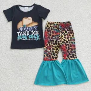 Cowboy Take Me Away Western Baby Girls Bell Bottom Pants Outfit - Picture 1 of 6