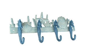 Blue White Cast Iron Seahorses Decorative Wall Hook Hanging Towel or Coat Rack - Picture 1 of 6