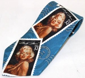 VTG 1995 Marilyn Monroe Stamps Mens Blue Tie Necktie 100% Silk Ralph Marlin - Picture 1 of 6