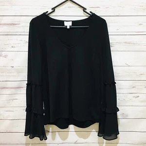 WITCHERY Top Blouse Size M (AU 12) Black Bell Sleeve Sheer Sleeve V Neck - Picture 1 of 7