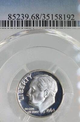 PR68CAM 1964 PCGS GRADED PROOF SILVER ROOSEVELT DIME FROSTED CAMEO COIN PR 68 - Image 1 of 4