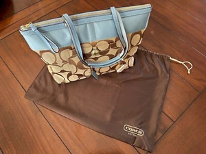 Coach Signature Stripe Khaki / Blue Shoulder Tote Purse + Dust Bag L0768-11691 - Picture 1 of 11