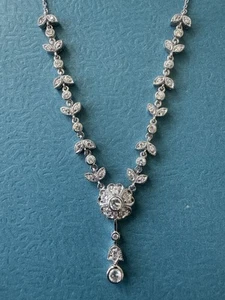 Vintage FAS .925 Sterling Silver Diamonds Floral Necklace Size 15,5” - Picture 1 of 11