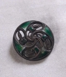 Antique Green Enamel Pierced Metal Button. - Picture 1 of 12