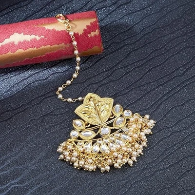 Novia Maang Tikka Étnico Oro Tradicional Kundan Chapado en Oro Perla Maangtikka Foto 1 de 2