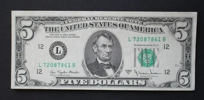 1977 A  $5 San Francisco Federal Reserve Note/F-1975L/uncirculated/FREE SHIPPING - Image 1 of 4