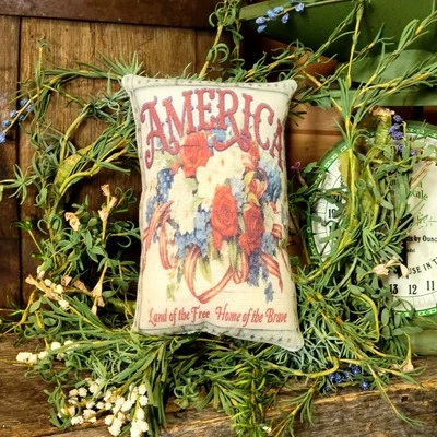 Primitive Farmhouse Patriotic July 4th Floral America decorative tuck pillow - Image 1 of 2