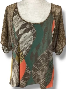 Weston Wear Mixed Print Mesh Top Sz L Brown Green Scoop Neck Anthropologie - Picture 1 of 5