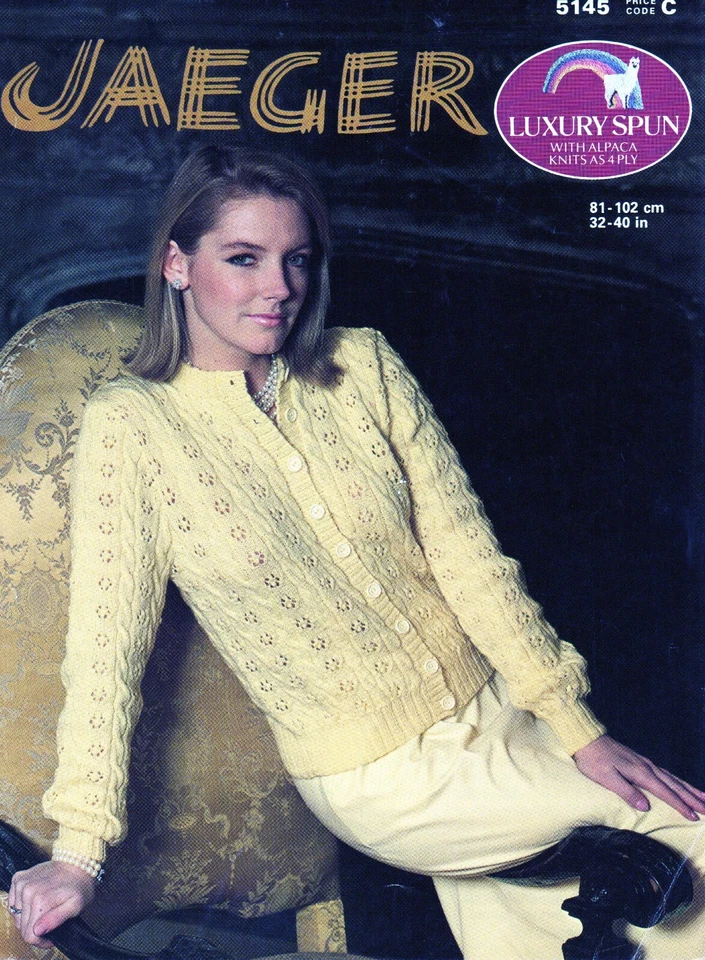 ~Jaeger Knitting Pattern For Lady's Round Neck Button-Up Lace & Cable Cardigan ~ - Image 1 of 1