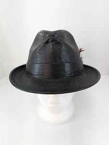 Vintage 1970's Men's Black Leather Fedora Hat with Feather In Band Size 7 - Picture 1 of 9