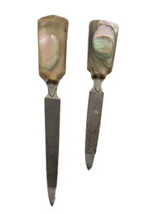 Vintage Nail Files Manicure Set Metal with Mother of Pearl Abalone Handle 2 pc - Picture 1 of 8