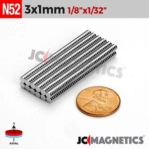 3mm x 1mm 1/8"x1/32" N52 Strong Rare Earth Neodymium Crafts Magnet Disc 3x1mm - Picture 1 of 2