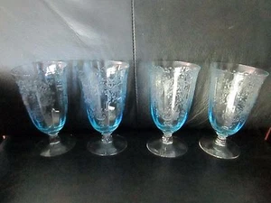 Rare Set of 4 Juice Glasses Fostoria Blue Meadow Rose Crystal or Footed Iced Tea - Picture 1 of 6