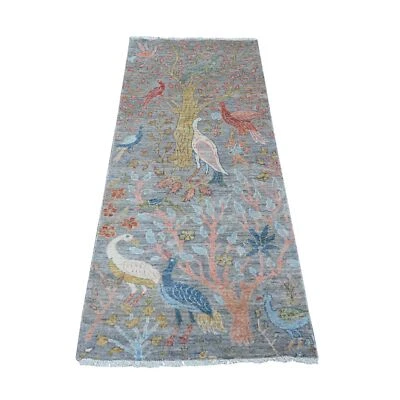2'6"x5'9" Dolphin Gray Hand Knotted Peshawar Birds Paradise Runner Rug G89165 - Image 1 of 4