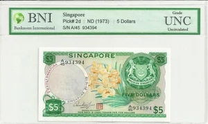 SINGAPORE 5 DOLLAR ND 1973 P 2d Ch. UNC AUTHENTICATED - Picture 1 of 2