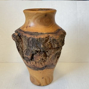 Elm Wood Lathe Vase Sculpture Joseph Thompson Bark Art Montana Signed - Picture 1 of 7