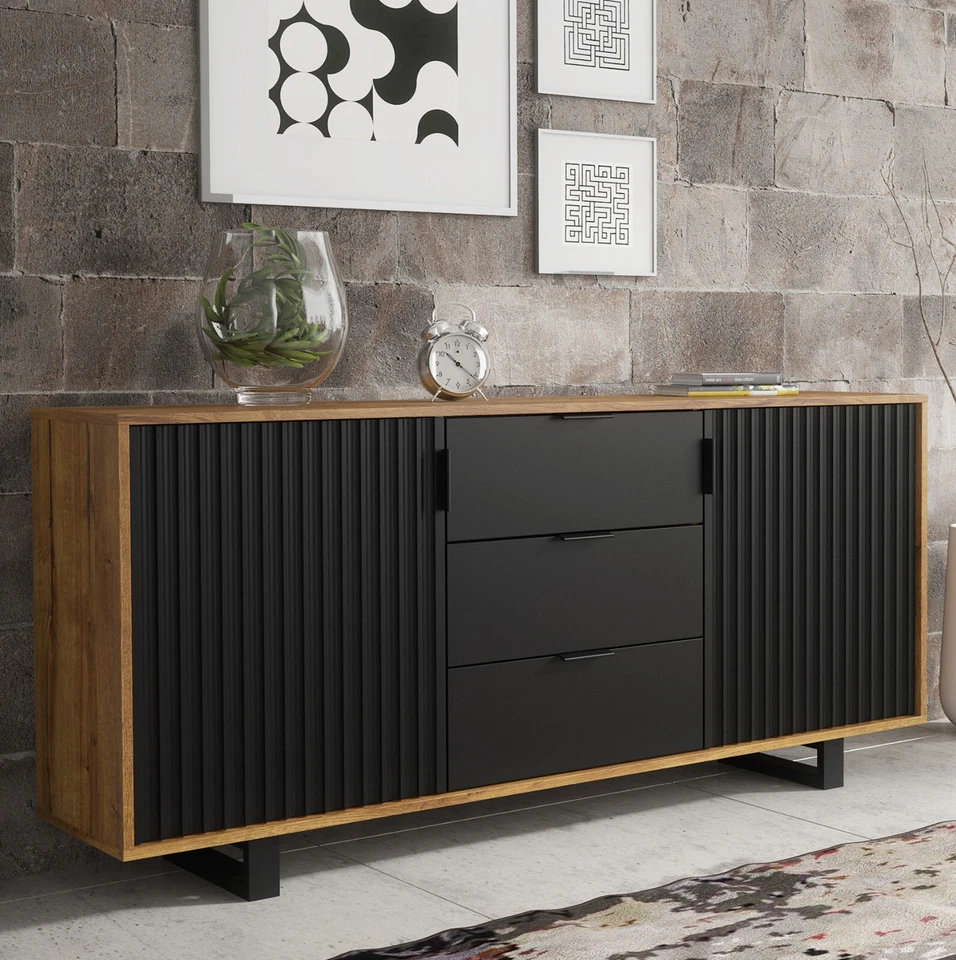 Sideboard 140cm Modern Cabinet | Slatted Doors Drawers | Sleek Design Unit - Image 1 of 4