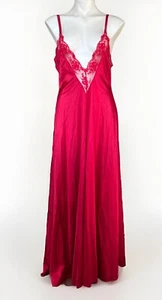 Vintage rot tiefer Ausschnitt Maxi Slipdress Nachthemd Gr. L Nylon Spitze USA Vampy - Bild 1 von 13