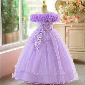 Kids Floral Mesh Dress Girls White Formal Gown Prom Dance Performance Costume - Picture 1 of 32