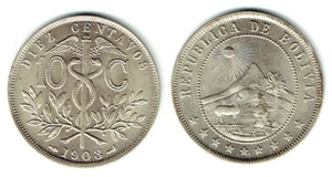 BOLIVIA 1908 & 1909 COPPER-NICKEL 10 CENTAVOS (KM#174.3) BRIGHT WHITE CH BU - Picture 1 of 2