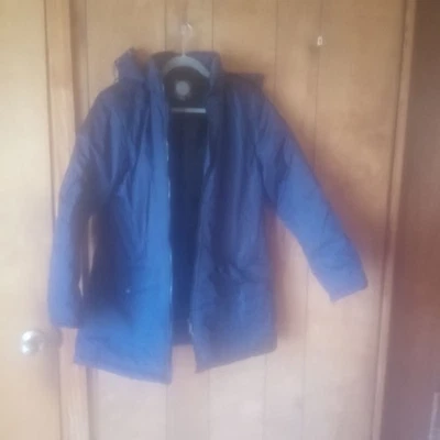 托特包女式海军蓝连帽蓬松外套拉链口袋 M 码 — 第 1/4 张图片